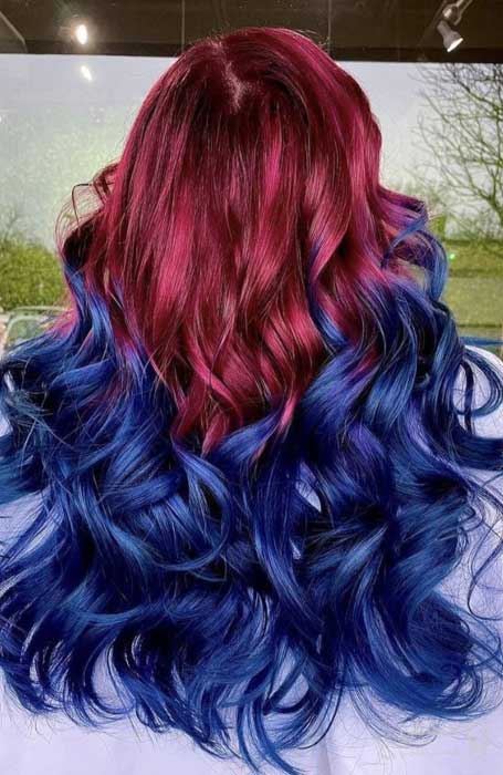رنگ مو آمبره قرمز و آبی